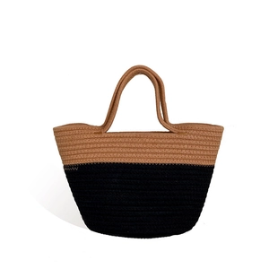 Sac cabas en corde de coton tressé bicolore kaki et noir avec anses robustes