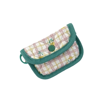 Quilted floral coin purse with pink green plaid design and secure green resin buckle