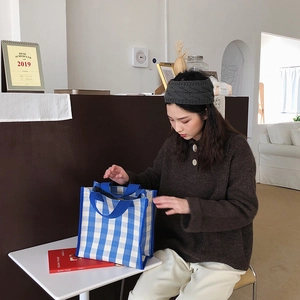 Detailed view of a blue and white checkered canvas tote bag with woven blue straps