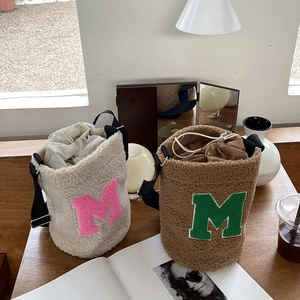 Plush Bucket Bag Women Lamb Wool Texture Drawstring Letter M Embroidery Adjustable Shoulder Strap Casual Crossbody