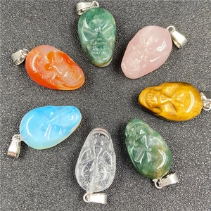 Hand Carved Skull Pendant Necklace Natural Gemstone Crystal Gothic Punk Jewelry For Men Women Halloween Gift