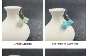 Detail of star-shaped Merkaba dangle earrings in green aventurine and turquoise