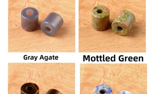 Detailed view of cylinder natural agate and gemstone beads with center holes for DIY crafts