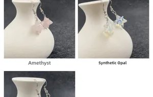 Detail view of Merkaba star earrings featuring amethyst and synthetic opal gemstones