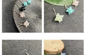 Detail of Merkaba energy stone earrings in various crystals with silver hooks