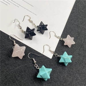 Three pairs of Merkaba star earrings in crystal quartz and turquoise with silver hooks