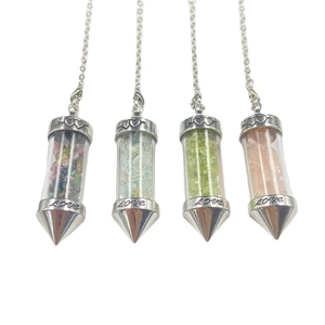 Set of four colorful crystal crushed stone energy bottle pendants with LOVE engraving