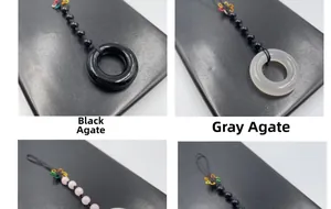 Detailed view of hand-woven charms featuring natural agate and rose quartz donuts