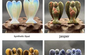 Detailgitter handgeschnitzter Engel aus Opalith, Unakit und Tigerauge-Edelsteinen
