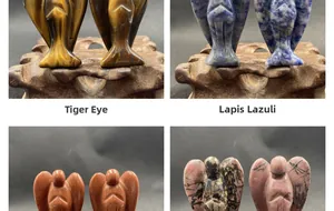 Detailansicht von Engelsfiguren aus Tigerauge, blauem Sodalith und Rhodonit-Steinen