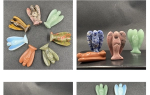 Detailansichten verschiedener natürlicher Edelsteine in Miniatur-Engelsform und Texturen