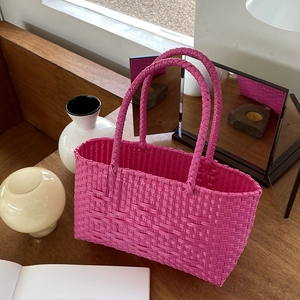 Woven Handbag PVC Hollow Out Grid Basket Tote For Women Summer Beach Daily Use Stylish Fuchsia