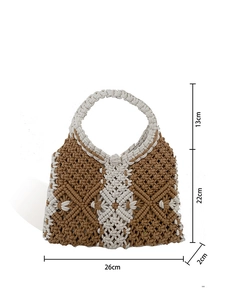 Detail showing dimensions of handcrafted cotton rope woven bag in brown and white