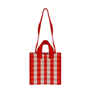 Classic red and white checkered tote bag in woven canvas with dual handles and long strap
