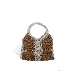 Handmade bohemian style woven tote bag with brown and beige geometric patterns and round handle