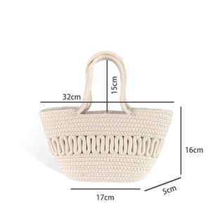 Detail showing dimensions of white woven cotton rope handbag with wave texture