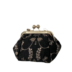 Vintage floral embroidery frame handbag with golden metal kiss lock and black silk texture