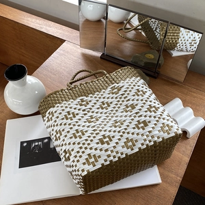 Handwoven large capacity straw beach tote bag in khaki and white block pattern