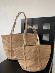 Straw Woven Tote Bag Women Handwoven Summer Beach Vacation Shoulder Bag Minimalist Large Capacity Bucket Handbag