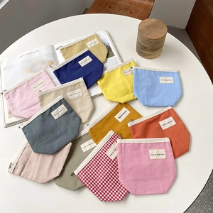 Minimalist Canvas Cosmetic Bag Portable Toiletry Pouch Solid Gingham Small Square Makeup Case Coin Purse Zipper Storage Bag Women Traveler