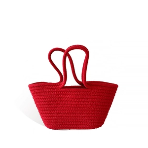 Handmade red cotton woven tote bag for summer beach with vintage minimalist design