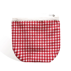 Minimalist red and white gingham canvas coin purse with silver zipper and U-shaped design