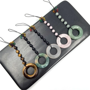 Natural Stone Donut Shape Pendant Keychain Handmade Woven Bag Charm Rose Quartz Tiger Eye Agate Car Hanging Decoration
