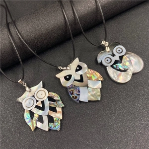 Shell inlay owl pendant necklace with colorful abalone and white mother of pearl