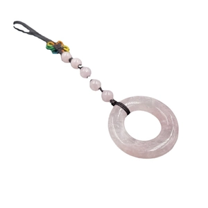 Natural rose quartz bag charm with smooth round stone ring and braided cord hanging strap