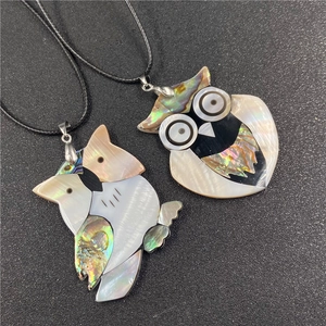 Handcrafted owl pendant necklace with colorful abalone shell inlay on black cord