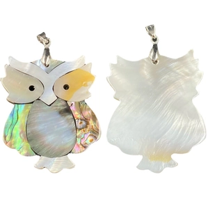 Abalone shell and mother of pearl owl pendant necklace showing front and back views