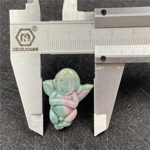 Green and pink agate angel pendant measured at 30mm height with a vernier caliper