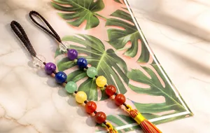 Detail of woven car hanging ornament featuring seven natural stone beads and colorful tassel