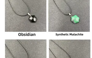Detail of star-shaped obsidian and synthetic malachite pendants with woven ropes
