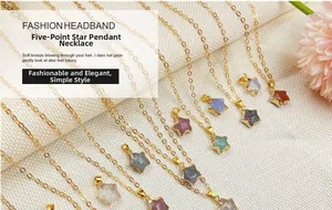 Detail of star-shaped pendants in multiple colors with elegant gold chain necklaces