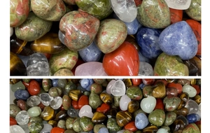 Macro detail of polished heart-shaped natural gemstones in various colorful minerals