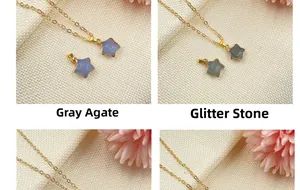Detailed view of star-shaped grey agate and labradorite pendants with gold plated edges