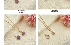Detail of star-shaped pendants in strawberry quartz and ruby zoisite with gold chains