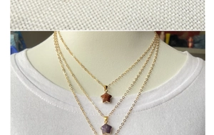 Three-layer gold star pendant necklace featuring natural crystals on a neck model