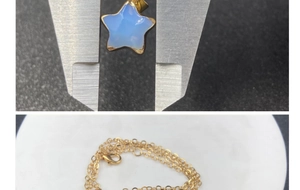 Macro shot showing size measurement and top view of gold star pendant with opal stone