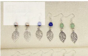 Detailed view of handmade leaf earrings with crystal beads on a woven background