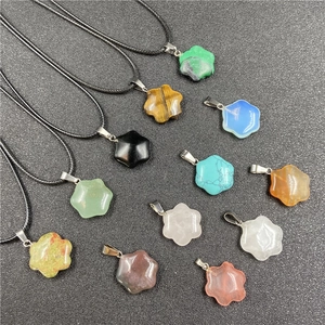 Hexagram Flower Pendant Necklace Natural Gemstone Healing Crystal Stone Star Black Cord Jewelry Women Men