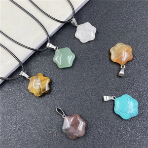 Hexagonal star flower natural stone necklaces with obsidian and quartz pendant on black cord