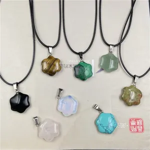 Star-shaped flower necklaces made of natural obsidian and quartz with woven cords