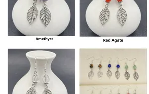 Detail of silver leaf earrings featuring natural amethyst and carnelian gemstone beads