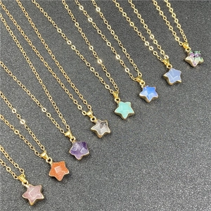 Star Pendant Necklace Natural Gemstone Crystal Gold Plated Alloy Five Point Star Shape Jewelry For Women