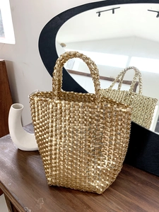 Women Woven Handbag PVC Metallic Glossy Hollow Out Beach Bag Summer Fashion Square Tote Top Handle