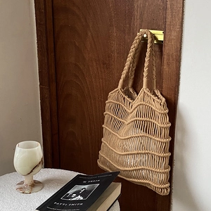 Handmade Cotton Rope Woven Tote Bag Hollow Out Net French Bohemian Summer Beach Handbag With Inner Pouch