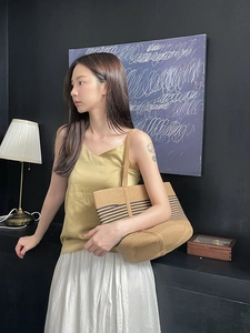 Minimalist straw tote bag with black stripes for women, casual French style summer bag