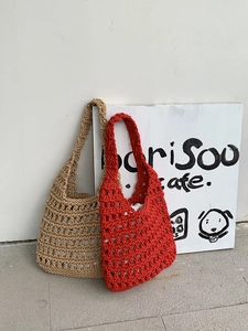 Close-up of hollow mesh knit texture and wide handles on cotton rope tote bags